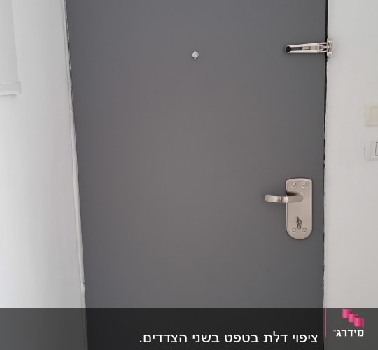 דלת אפורה עם ידית מתכת ובריח עליון